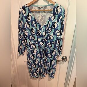 Boden Blue and Gray Feather Print Dress Size 16